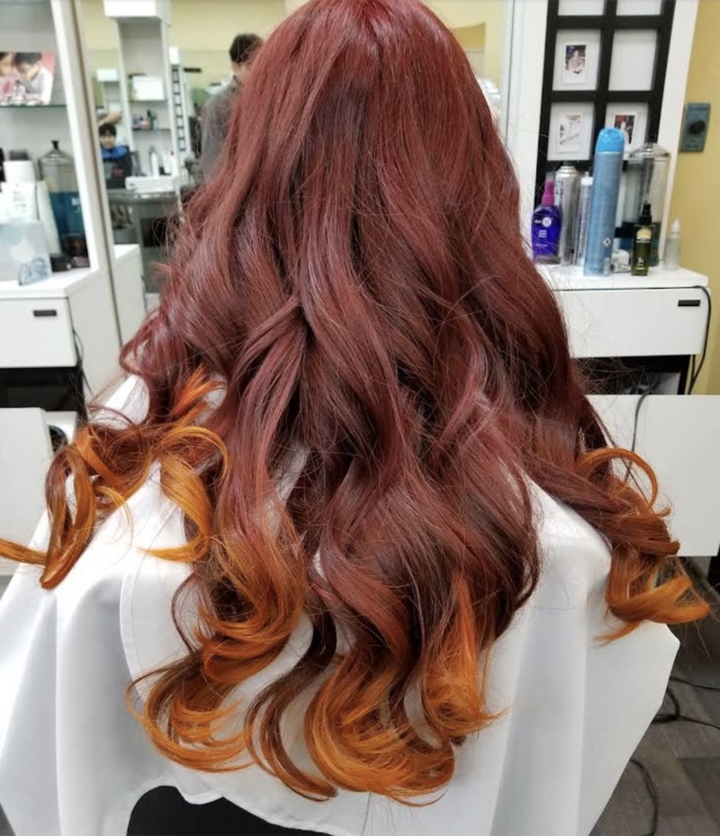 Beautiful auburn ombre hair styling by Sua